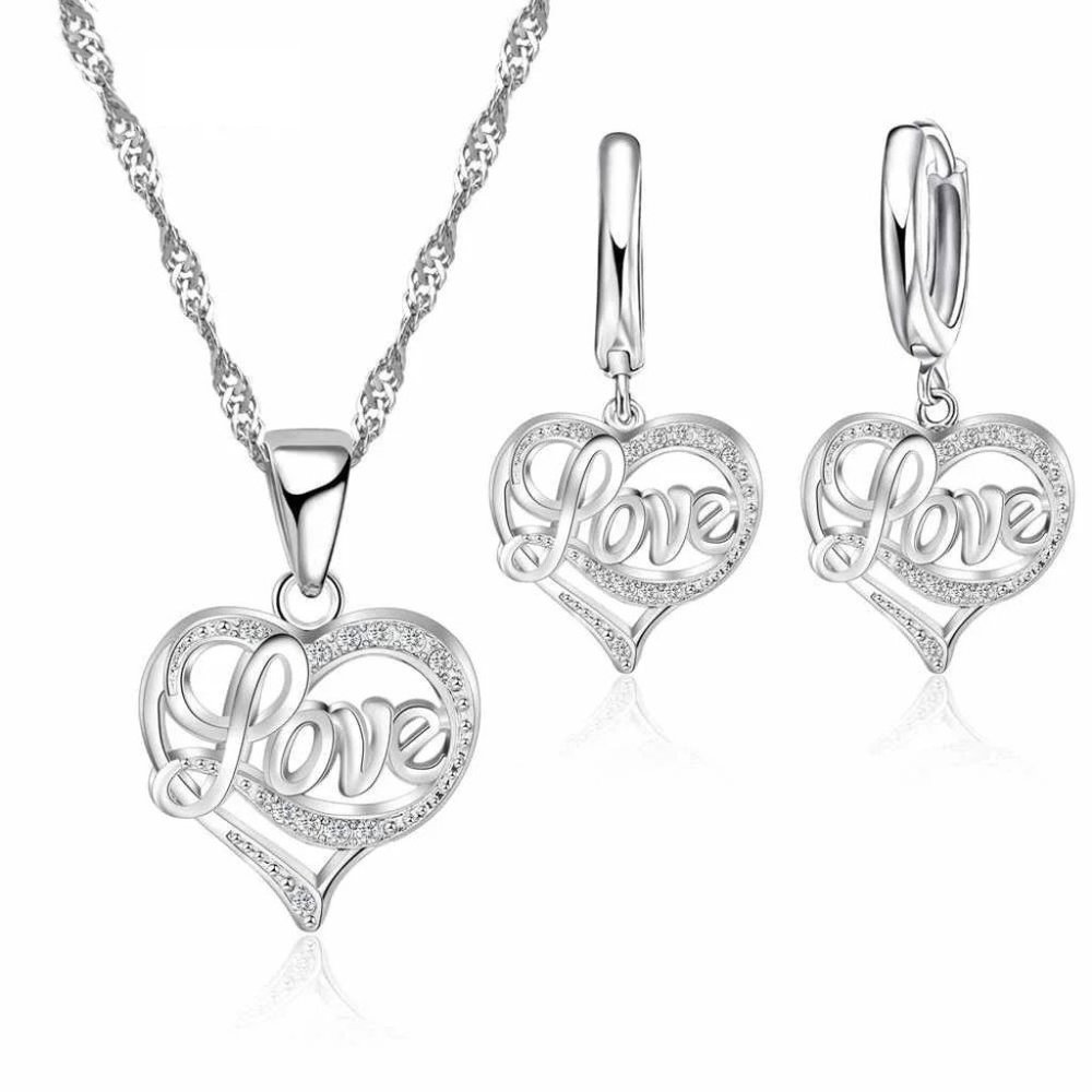 Heart Love Necklace Earrings 925 Sterling Silver Set Gift Necklace Earrings